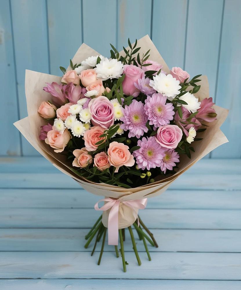 Букет цветов из: Хризантемы, Розы и Альстромерии в Шкотово