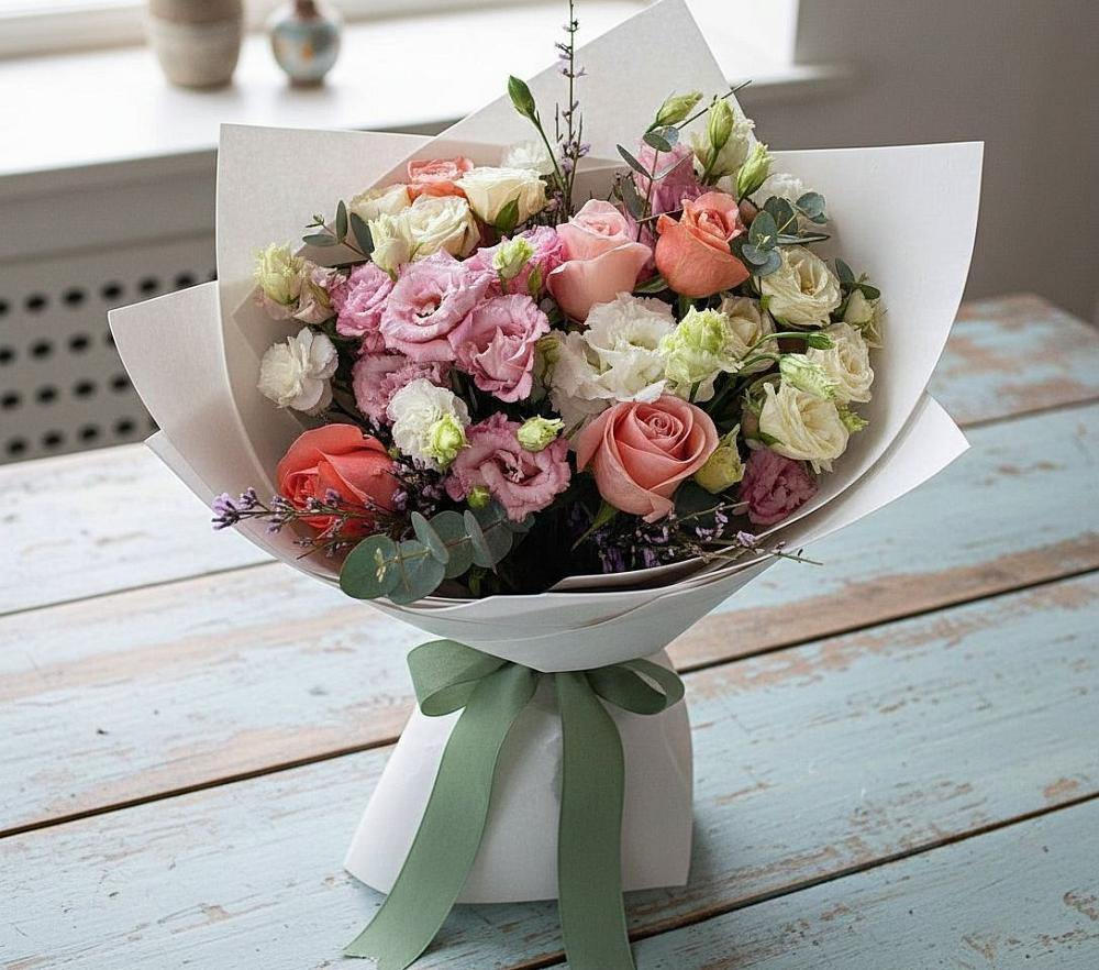 Букет цветов из: Розы, Лизиантусы и Гвоздики в Шкотово