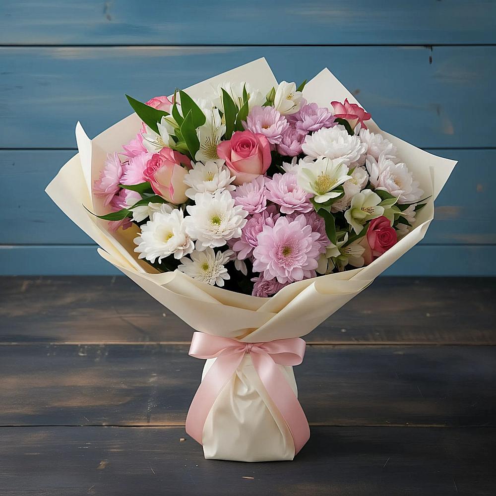 Букет цветов из: Хризантемы, Альстромерии и Розы в Шкотово